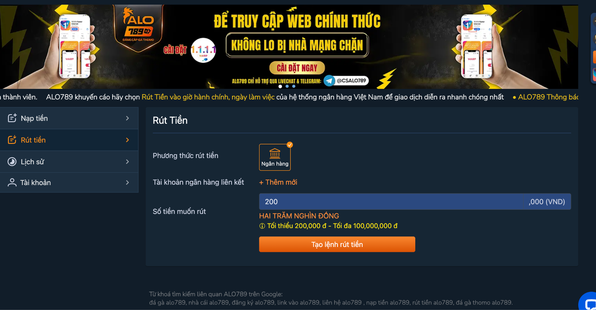 Quy trình thực hiện thao tác rút tiền cược tại nhà cái ALO789