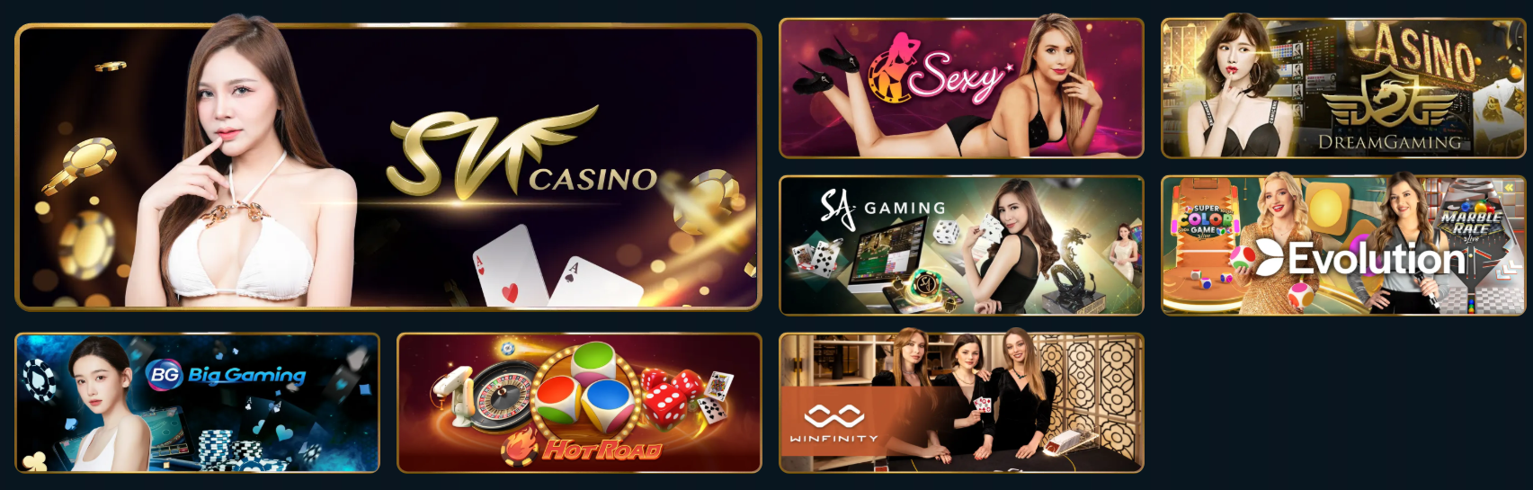 Tại sảnh Live Casino của chúng tôi, người chơi có thể tham gia hơn 100+ thể loại trò chơi như Baccarat, Roulette, Xóc đĩa, Tài xỉu, Bầu cua, Fantan từ các nhà cung cấp như Ae Sexy, WM Casino, SA Gaming,...